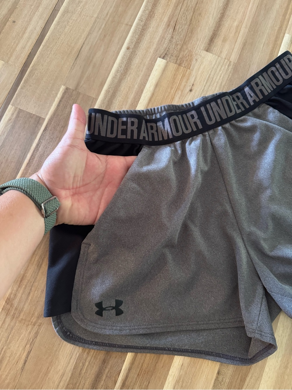 Under Armour Gray Women's Shorts with Black Logo Waistband and Pockets- Small
